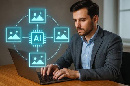 businessman working with laptop in office with artificial intelligence icon on screenの素材