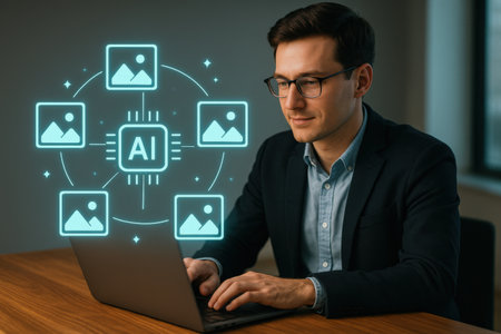 Businessman working on laptop in office with social media icons on the screenの素材