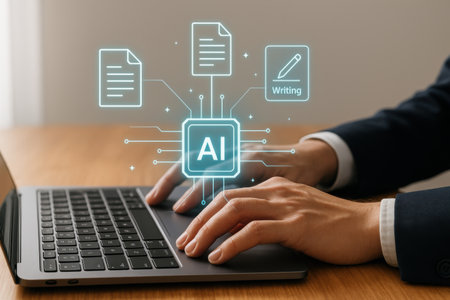 Businessman working with laptop at table in office, closeup. Artificial intelligence conceptの素材