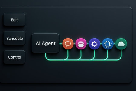 3D Illustration of User Interface with Colorful Icons on Dark Backgroundの素材