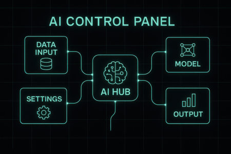 AI, Artificial intelligence and machine learning concept with glowing icons on dark backgroundの素材