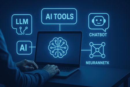 Close up of businessman working on laptop with icons on screen. Artificial intelligence conceptの素材