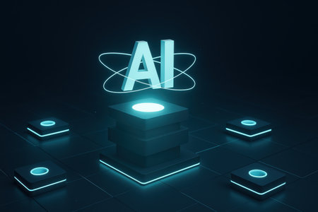 Glowing neon AI sign on dark background. Artificial intelligence concept. 3D Renderingの素材