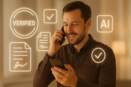 Handsome young man with mobile phone and checklist on blurred backgroundの素材