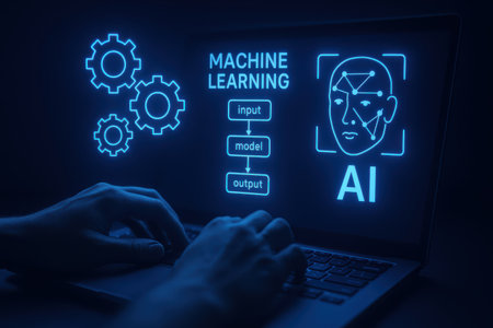 Machine learning concept on a dark background with a man working on a laptopの素材