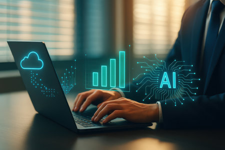 Businessman working with laptop in office. Cloud technology concept. Double exposureの素材