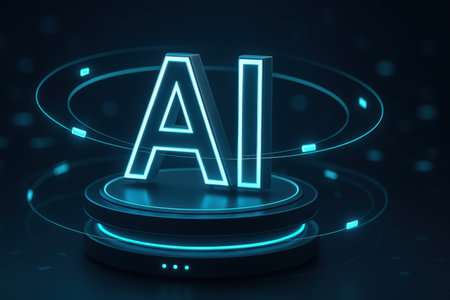 Glowing neon AI icon on dark background. Artificial intelligence concept. 3D Renderingの素材