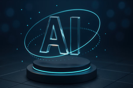 Glowing neon AI text on round podium. Artificial intelligence concept. 3D Renderingの素材