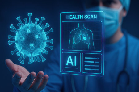 A male doctor wearing a surgical mask is holding a digital x-ray image of a human liver.の素材