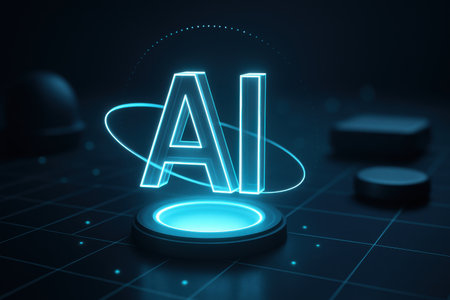 Neon blue AI icon on dark background. Artificial intelligence concept. 3D Renderingの素材