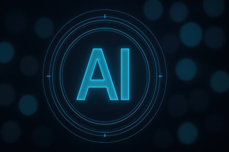 Neon blue AI icon on dark background. Artificial intelligence concept. 3D Renderingの素材