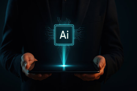 Artificial intelligence (AI) and machine learning concept. Businessman holding tablet computer with artificial intelligence (AI) icon.の素材