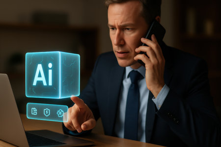 businessman talking on smartphone and holding digital tablet with artificial intelligence letteringの素材