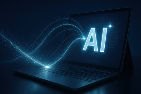 Laptop with neon AI symbol on dark blue background. Artificial intelligence concept. 3D Renderingの素材