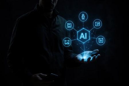 View of a Hacker holding a multimedia icon in a futuristic interface - 3d renderの素材