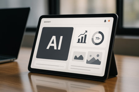 Digital composite of Digital tablet with AI icon on screen over office deskの素材