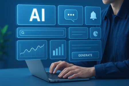 Businessman working on laptop at office desk, Artificial intelligence concept.の素材