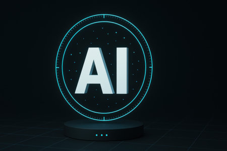 3d rendering of neon glowing AI symbol on black background. AI conceptの素材