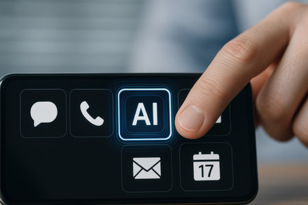 Businessman using smartphone with contact us icon on screen, closeupの素材