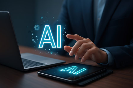 Businessman working with laptop and tablet with AI, artificial intelligence conceptの素材