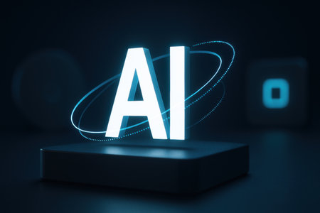 Glowing neon AI symbol on dark background. Artificial intelligence concept. 3D Renderingの素材