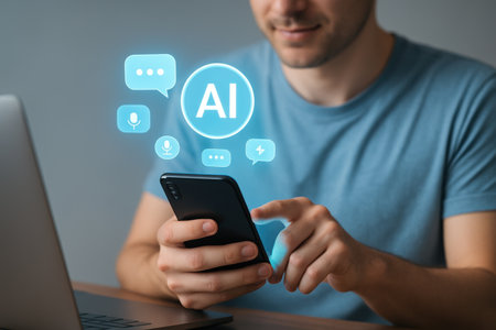 Man using smartphone with artificial intelligence (AI) icon, closeupの素材
