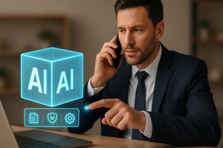 businessman in suit and tie using smartphone and laptop with artificial intelligence iconの素材