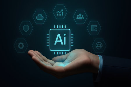 AI, Artificial intelligence and machine learning concept. Businessman hand holding AI icon.の素材