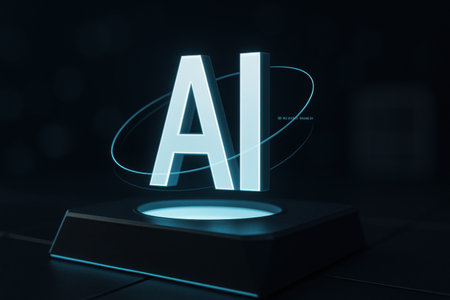 3D rendering of an artificial intelligence icon on a futuristic pedestalの素材
