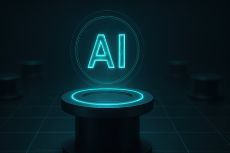 3d rendering of neon sign AI on pedestal in dark roomの素材