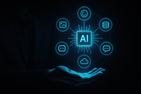 Close up of businessman hand holding glowing artificial intelligence icon on dark backgroundの素材