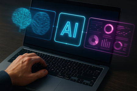 male hand working on laptop with artificial intelligence (AI) icon on screenの素材