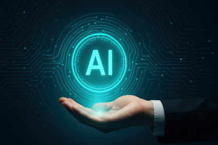 Close up of businessman hand holding AI button on dark background. Artificial intelligence conceptの素材
