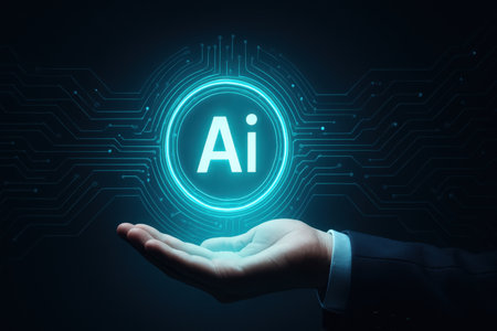 Close up of businessman hand holding glowing artificial intelligence icon on dark background. AI and machine learning conceptの素材