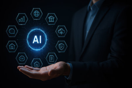AI Artificial intelligence AI and machine learning concept. Businessman hand holding AI artificial intelligence icon.の素材