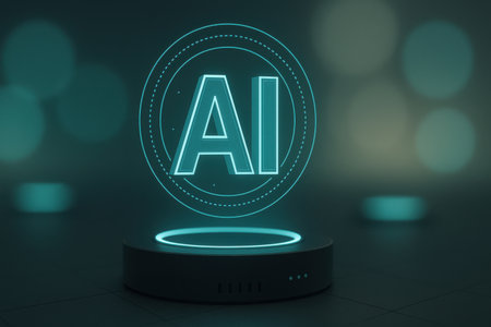 3d rendering of neon sign AI in front of round pedestalの素材