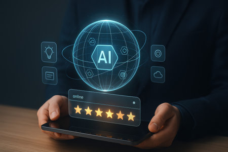 Customer reviews, ranking and feedback concept. Businessman hand holding tablet computer with rating symbolsの素材