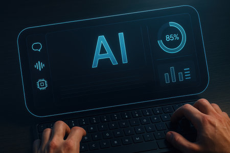 Man typing on a laptop with AI icon on the screen. Artificial intelligence concept.の素材