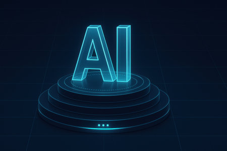 d round podium with neon letter A on dark blue backgroundの素材