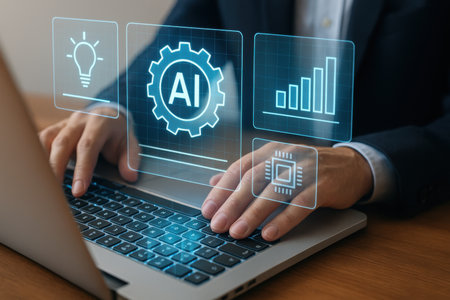 Artificial intelligence (AI) and machine learning concept. Businessman working on laptop computer.の素材