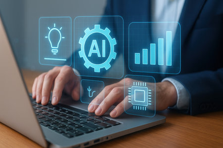 Businessman using laptop with artificial intelligence (AI) concept on screen.の素材