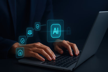 Businessman using laptop with artificial intelligence (AI) icon on screenの素材