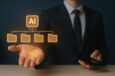 Businessman working with mobile phone in office, closeup. Artificial intelligence conceptの素材