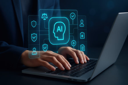 Close up of businesswoman working on laptop with virtual icon of headの素材