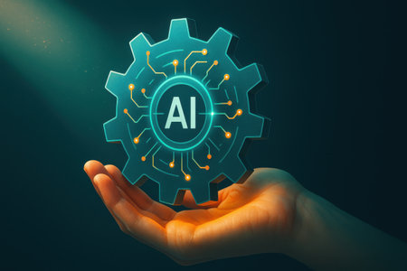 Businessman hand holding artificial intelligence (AI) icon. Artificial intelligence concept.の素材