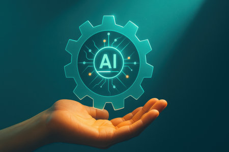 hand holding gear with artificial intelligence (AI) icon on blue backgroundの素材