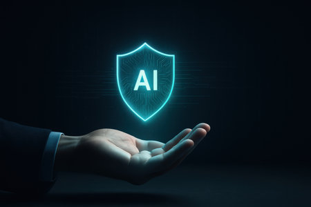 Businessman hand holding shield with AI text on dark background. Artificial intelligence conceptの素材
