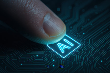 Artificial intelligence (AI) concept. Finger pressing on a printed circuit board. 3D Renderingの素材