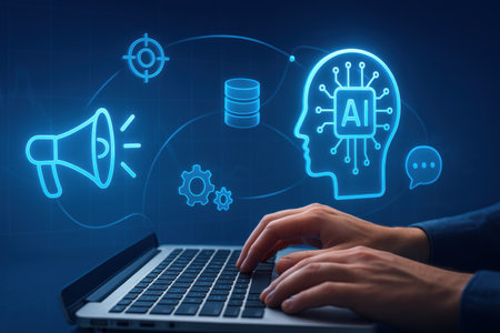 Man typing on laptop keyboard with glowing artificial intelligence concept. 3D Renderingの素材