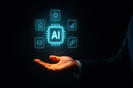 Businessman hand showing artificial intelligence (AI) icon on virtual screenの素材